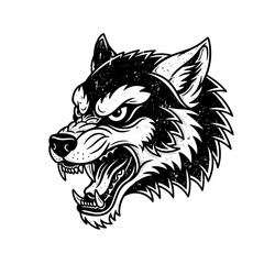 Obraz premium Aggressive wolf head illustration, black and white, grunge texture