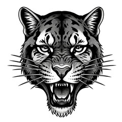 Obraz premium Fierce Bobcat Head Illustration, Roaring Wild Cat Face, Black and White