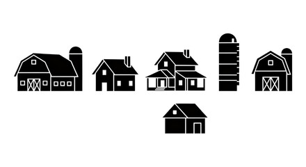 Isolated Black And White Farm Buildings Silhouettes Transparent Background Vector © Siasart Stock