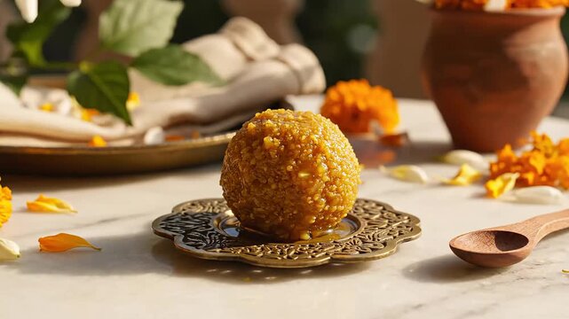 Golden indian laddu sweet elegantly presented on an ornate brass coaster amidst marigold flowers, symbolizing traditional vaisakhi festival celebrations and culinary delight.