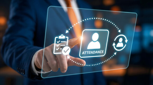 Professional interacts with glowing screen showing attendance system checklist user workflow in dark high tech office conveying efficiency