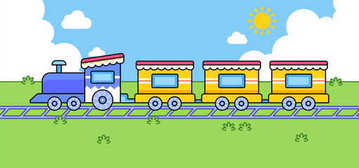 Toy train with several wagons moving on railway tracks in a sunny landscape. Cute hand drawn vector illustration perfect for kids education, nursery designs, posters, and children themes cartoon © Walt