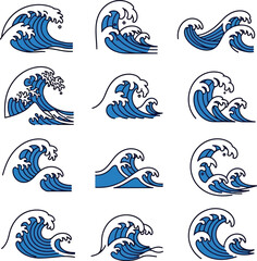 Naklejka premium Set of Blue Ocean Wave Vector Icons Isolated on White Background for Surfing and Nautical Design