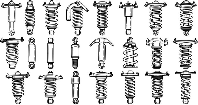 Black and White Line Art Illustration of Various Car Shock Absorbers and Struts