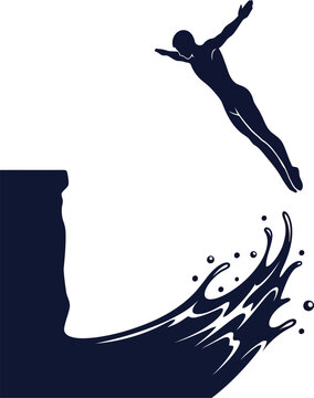 Silhouette of Diver Jumping Off Cliff into Splashing Water Vector Illustration