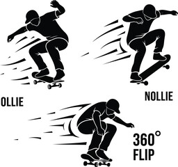 Skateboarding Tricks Silhouette Set Featuring Ollie, Nollie, and 360 Flip in Black and White Vector Art © Bacon