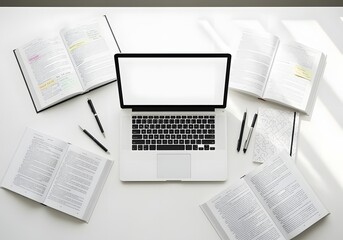 Obraz premium Laptop computer surrounded by open books and pens on white desk for studying and research