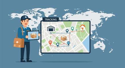 Fototapeta premium Delivery Man Holding Package and Tracking Map.