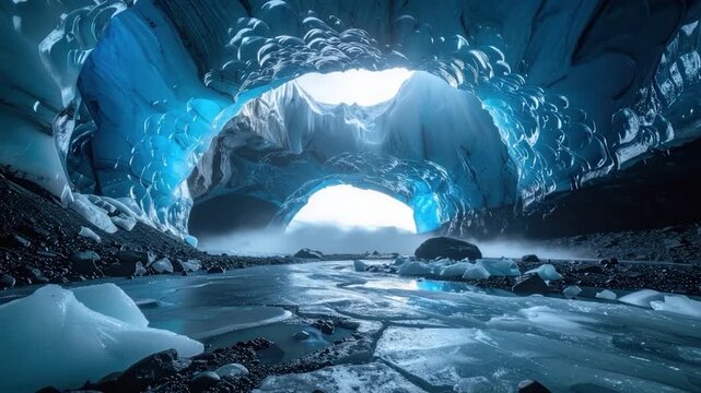 A mesmerizing icy cavern with light, water and mist