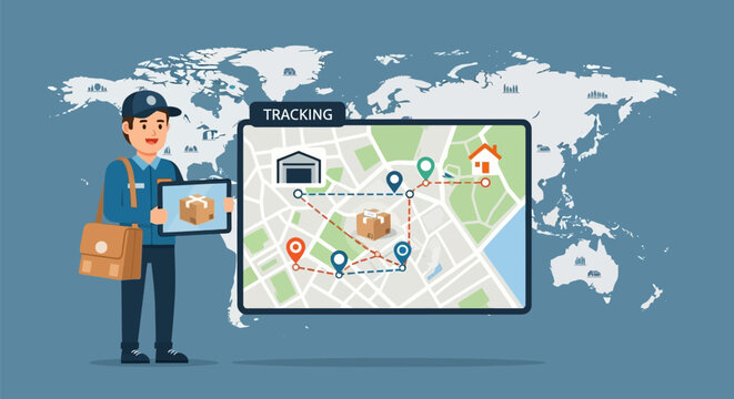 Delivery Man Holding Package and Tracking Map.