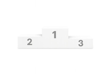 White 3d rendering of a competition winners podium with numbered ranks for first, second, and third place on transparent background