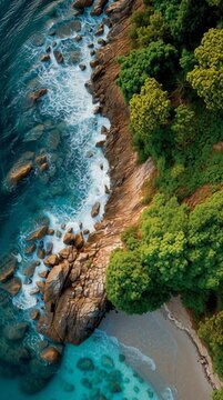 Aerial view of tropical beach with turquoise water, rocky shore and lush green forest, scenic ocean coastline landscape and summer travel destination.
