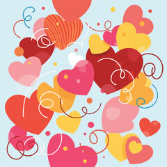 A vibrant, colorful illustration of assorted hearts on a light blue background
