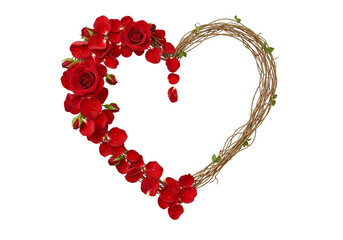 Obraz premium Red Rose Heart Wreath with Twigs and Green Leaves Isolated Transparent Background