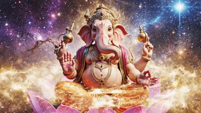 Ganesha statue seated on a pink sports car flower in a cosmic starry backdrop
