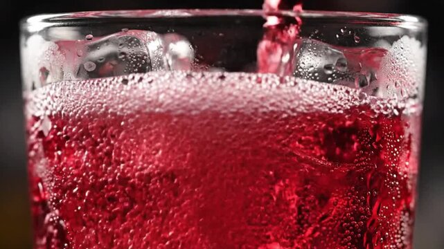A vibrant red liquid is dynamically poured into a frosted glass, already filled with sparkling ice cubes. The action creates an energetic rush of effervescent bubbles and fizz, filling the frame with 