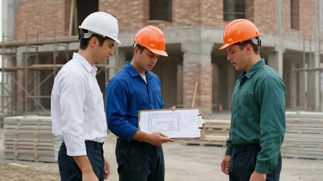 Construction workers discussing blueprints at building site motion