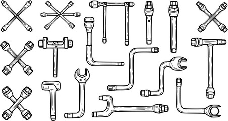 Fototapeta premium Automotive Wrenches Set in Hand-drawn Black and White Sketch Style. Collection of Mechanic Tools like Lug Wrenches, Socket Wrenches, and T-Handles for Vehicle Repair.