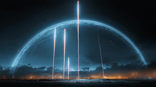 missile defense shield concept, layered radar arrays and interception batteries, glowing barrier effect across dark night sky, modern military technology focus, clean professional editorial visual