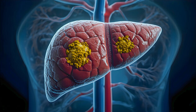 Ultra-Realistic AI-Generated Medical Illustration of Human Liver with Fatty Degeneration, Yellowish Tissue Areas, Macro Anatomical Detail, Cinematic Lighting