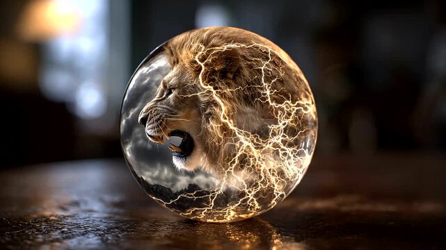 Majestic lion encased in crystal ball with stormy backdrop