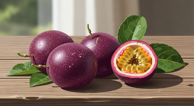 Fresh passion fruit with vibrant yellow pulp and tropical flavor, exotic healthy fruit concept with natural texture and bright colors.