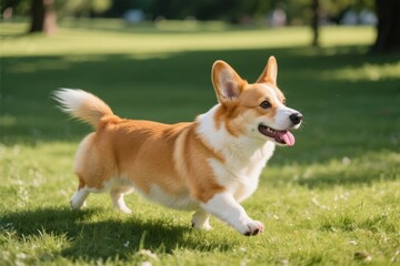 A Pembroke Welsh Corgi running on grass in a sunny park