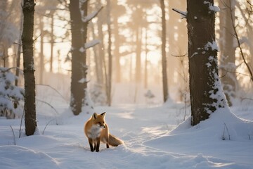 Red fox standing in a snowy forest during winter sunrise