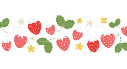 Strawberry Seamless Border with Leaves and Flowers, Cute Fresh Berry Pattern for Food Packaging Decorative Vector Illustration © MDEsmayil