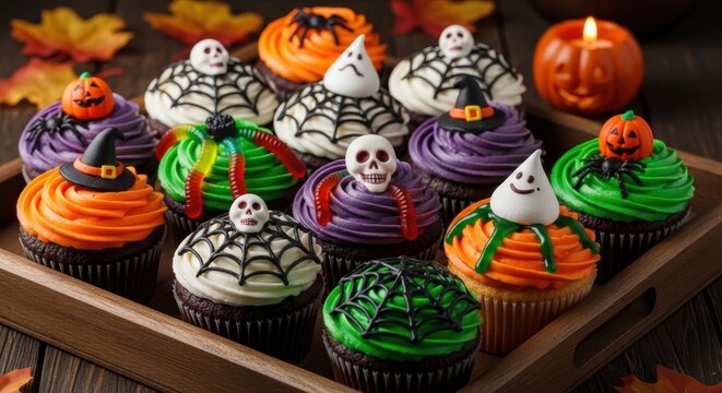 Festive Halloween-themed cupcakes decorated with spooky designs, set on a wooden tray with autumn leaves