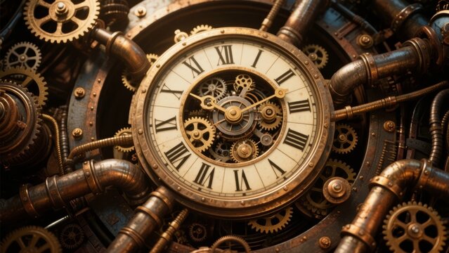 Steampunk-style clock with intricate gears and brass pipes