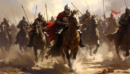 A group of armored warriors on horseback charge forward