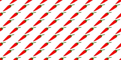 Obraz premium Seamless pattern of bright red chili peppers with green stems on a white background. Minimalist flat vector illustration of spicy vegetable repeat texture for kitchen wallpaper or fabric.