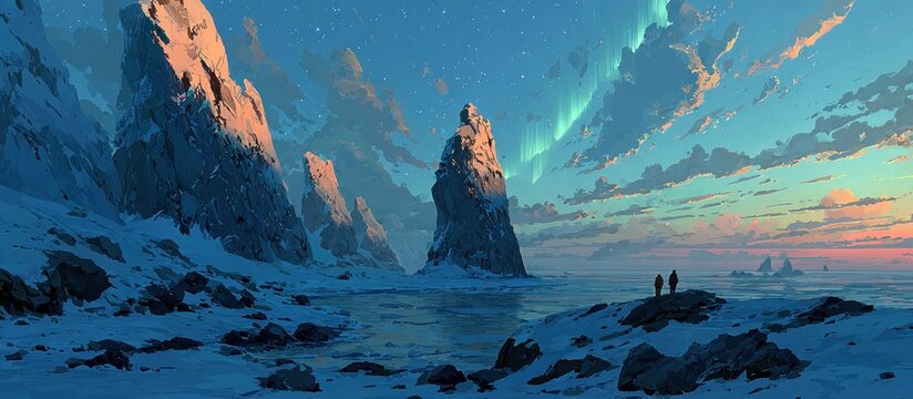 Arctic landscape with aurora, mountains, two figures, and icy water at sunset