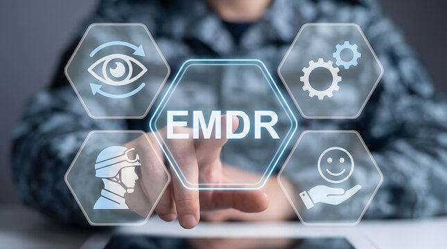 Professional in tactical uniform activates glowing EMDR therapy virtual button surrounded by icons symbolizing eye movement processing and mental heal