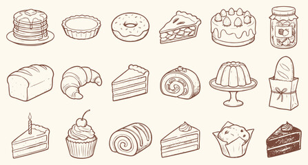 Assortment of delicious baked goods and sweet desserts illustrated in a charming, hand drawn vintage sketch style collection.