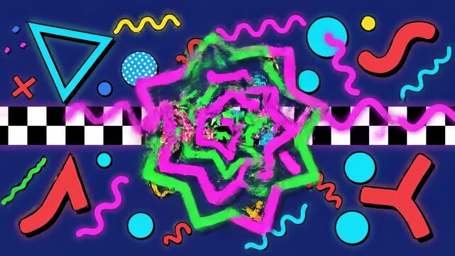 Vibrant 80s Style Memphis Pattern with Neon Shapes and Squiggles.