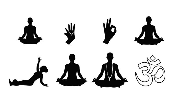 Set of Yoga and Meditation Silhouettes with Mudras and Om Symbol Vector Icons