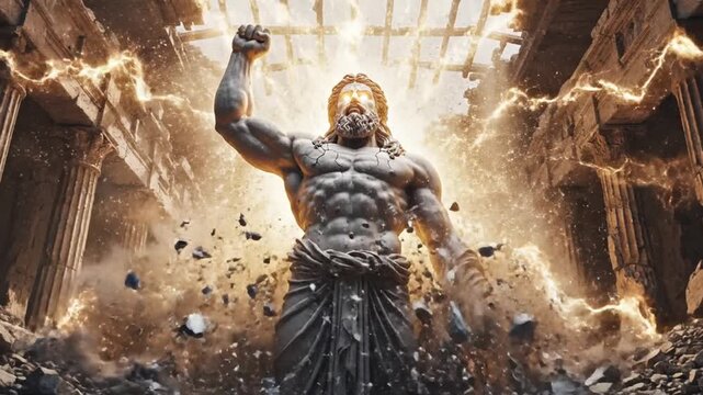 Gods watching over a ruined city from the sky: colossal statue in a sunlit ancient hall