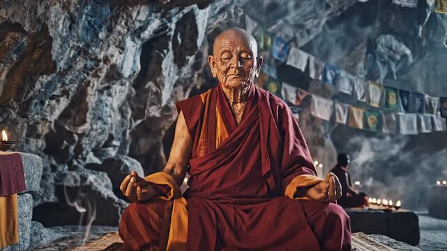 Gurukul meditation scene inside a sacred banyan cave with buddhist monks and prayer flags