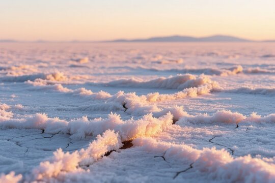 Salt flats at sunrise with crystallized salt formations and cracked earth under soft golden light