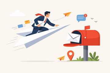 Businessman Flying on a Large Paper Airplane Delivering an Envelope to a Red Mailbox, Concept for Email Marketing, Newsletter Communication, Digital Advertising, and Business Promotion Strategy.