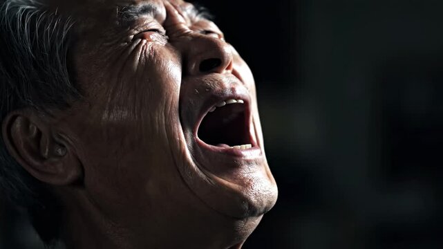Elderly man screaming with intense emotional pain and distress.
