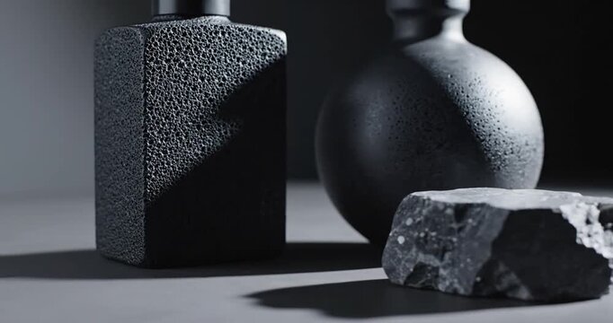 Artistic arrangement of black textured vases and a stone on a minimalist surface, highlighting shadows