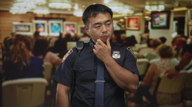 Young chinese policeman finger to lips for silence amid indoor art gallery in building filled with blurred visitors; silence.