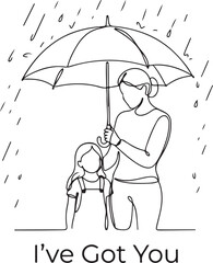 Continuous Line Art Illustration of Mother Protecting Daughter with Umbrella in Rain with Text I've Got You. © amodha