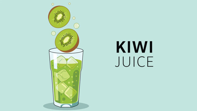 Tall glass of green kiwi juice with ice cubes and floating kiwi slices under dripping fruit on a light blue background.