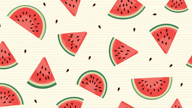 Cheerful seamless pattern of red watermelon slices and black seeds on a light beige striped background.