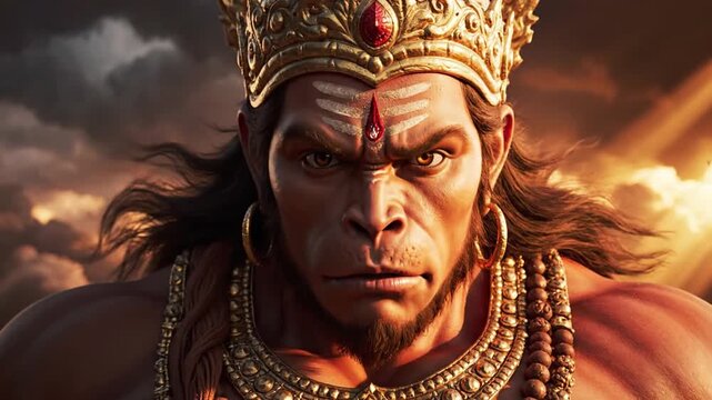 Hanuman fearless warrior portrait with regal headdress and golden jewelry