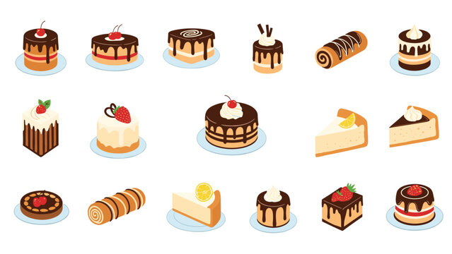 Extensive selection of eighteen miniature cakes, tarts, and dessert slices featuring chocolate, berries, and cream.